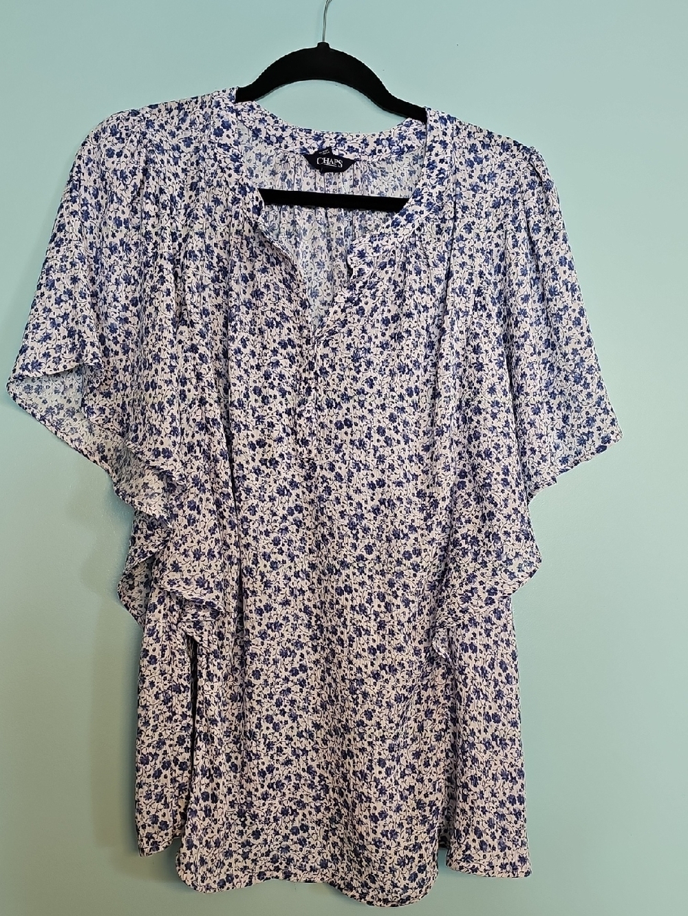 Chaps Blue Floral Flutter Sleeve Top